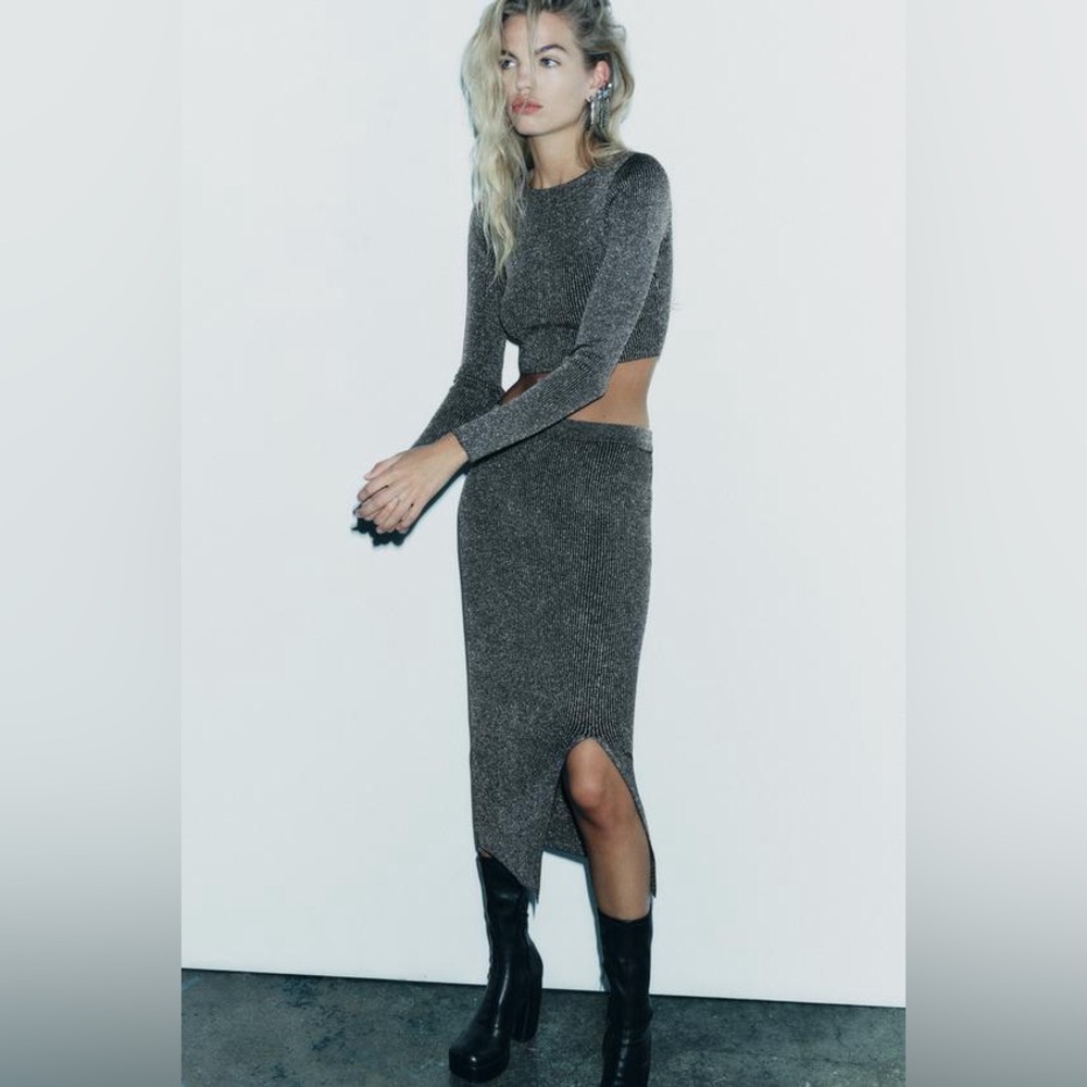 Zara Metallic Grey 2 Piece Skirt Set
